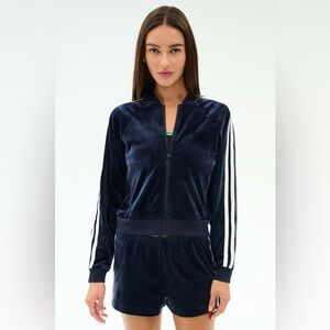 Splits59 Navy Velvet Zip-Front Track Jacket with White Stripe Sleeves